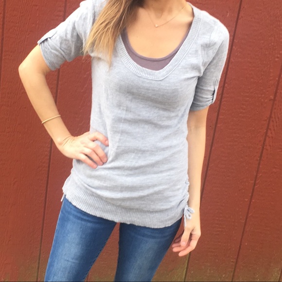 SO Sweaters - Grey Thin Knit Sweater with Ruched Lower Side Ties